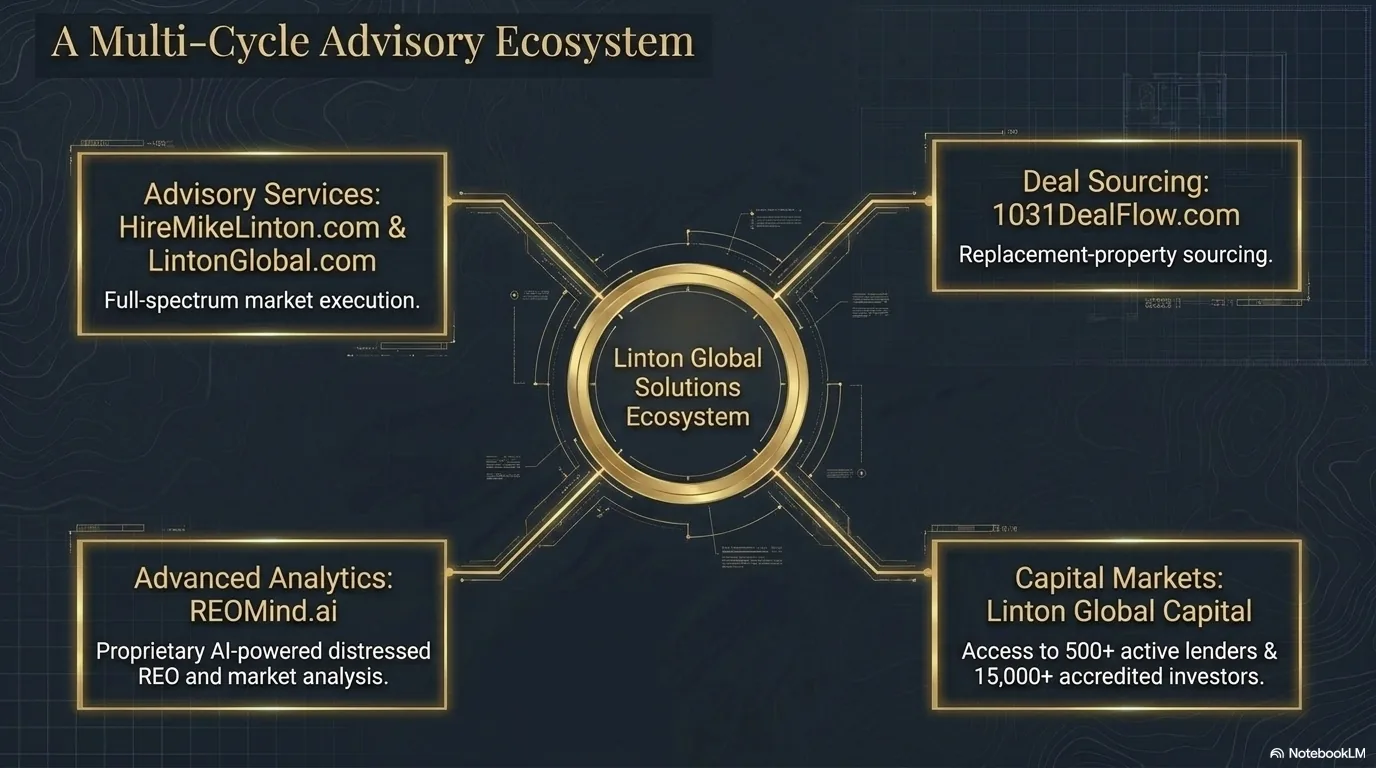 A Multi-Cycle Advisory Ecosystem: Linton Global Solutions at center connecting Advisory Services at HireMikeLinton.com, Deal Sourcing at 1031DealFlow.com, Advanced Analytics at REOMind.ai, and Capital Markets at Linton Global Capital with 500+ lenders and 15,000+ investors.