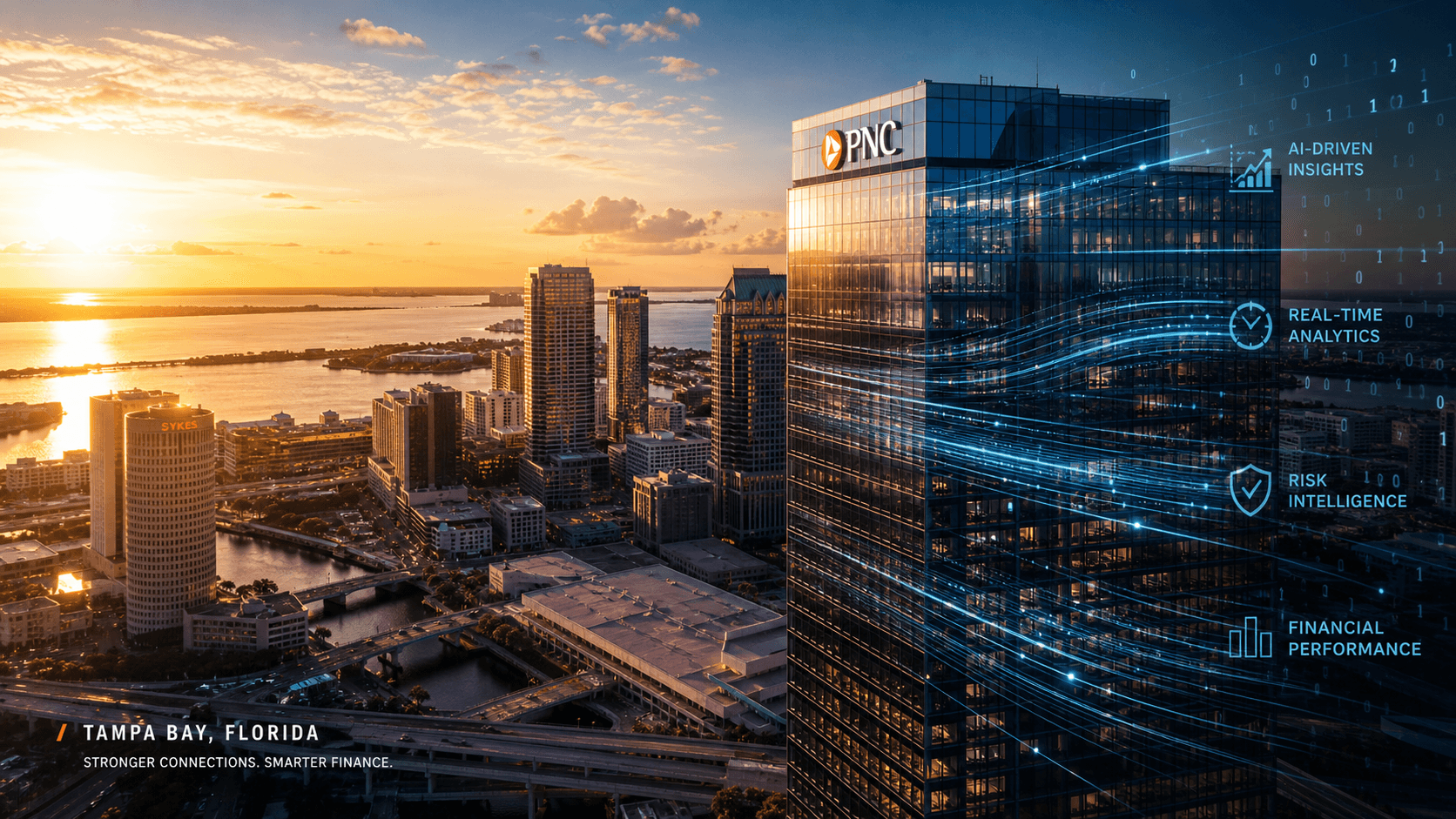 Tampa Bay financial district at sunset, illuminated PNC Tower foregrounded with AI-driven analytics overlay — REOMind.ai connects Florida banks to 15,000+ verified accredited investors.