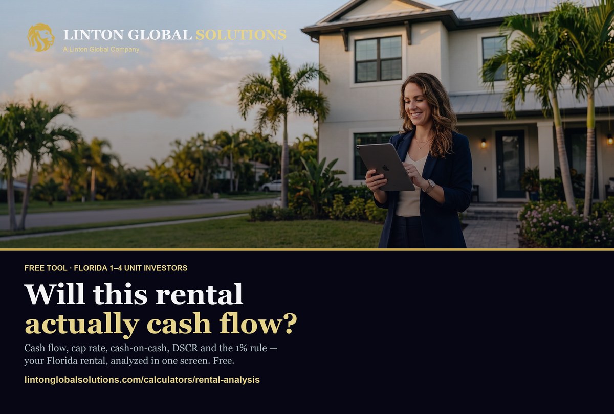 Linton Global Solutions — Rental Property Analysis direct-mail postcard, front