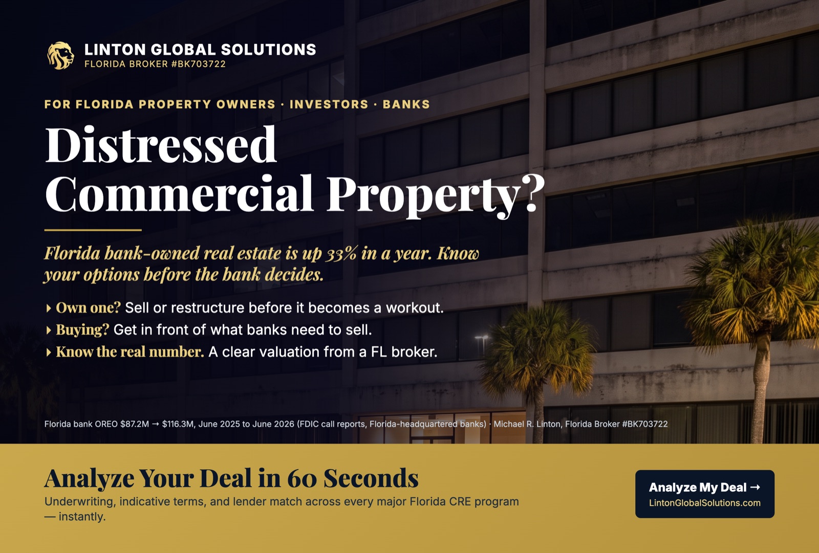 Linton Global Solutions postcard: Distressed Commercial Property in Florida. Florida bank-owned real estate is up 33% in a year; a vacant Florida office building at dusk, with options for owners, buyers and banks, and Analyze Your Deal in 60 Seconds.