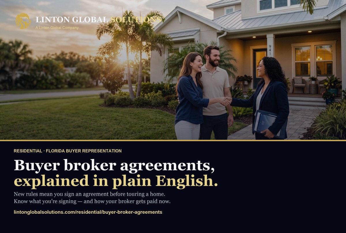 Linton Global Solutions — Florida Buyer Broker Agreements direct-mail postcard, front