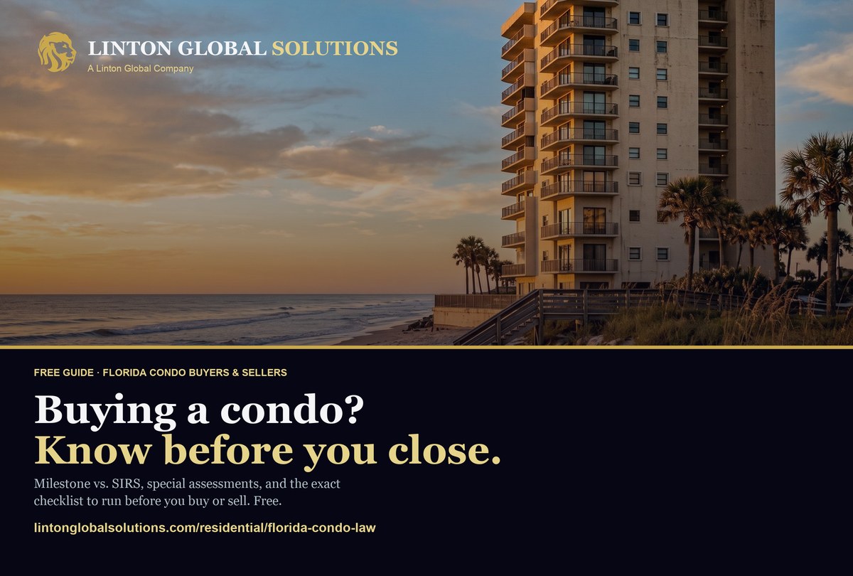 Linton Global Solutions — Florida condo law guide direct-mail postcard, front